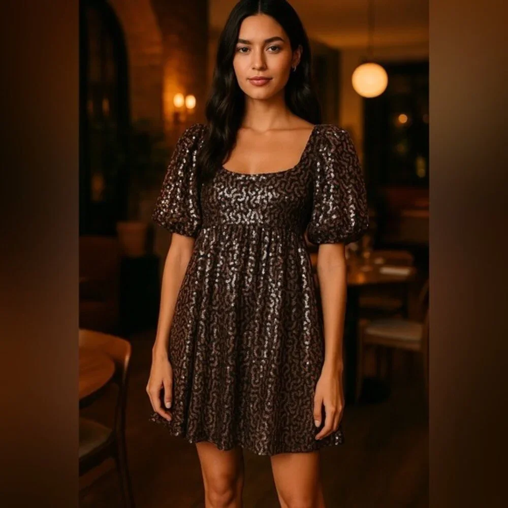 Anthropologie Moon River Copper Sequin Puff Sleeve Babydoll Mini Dress S NWT